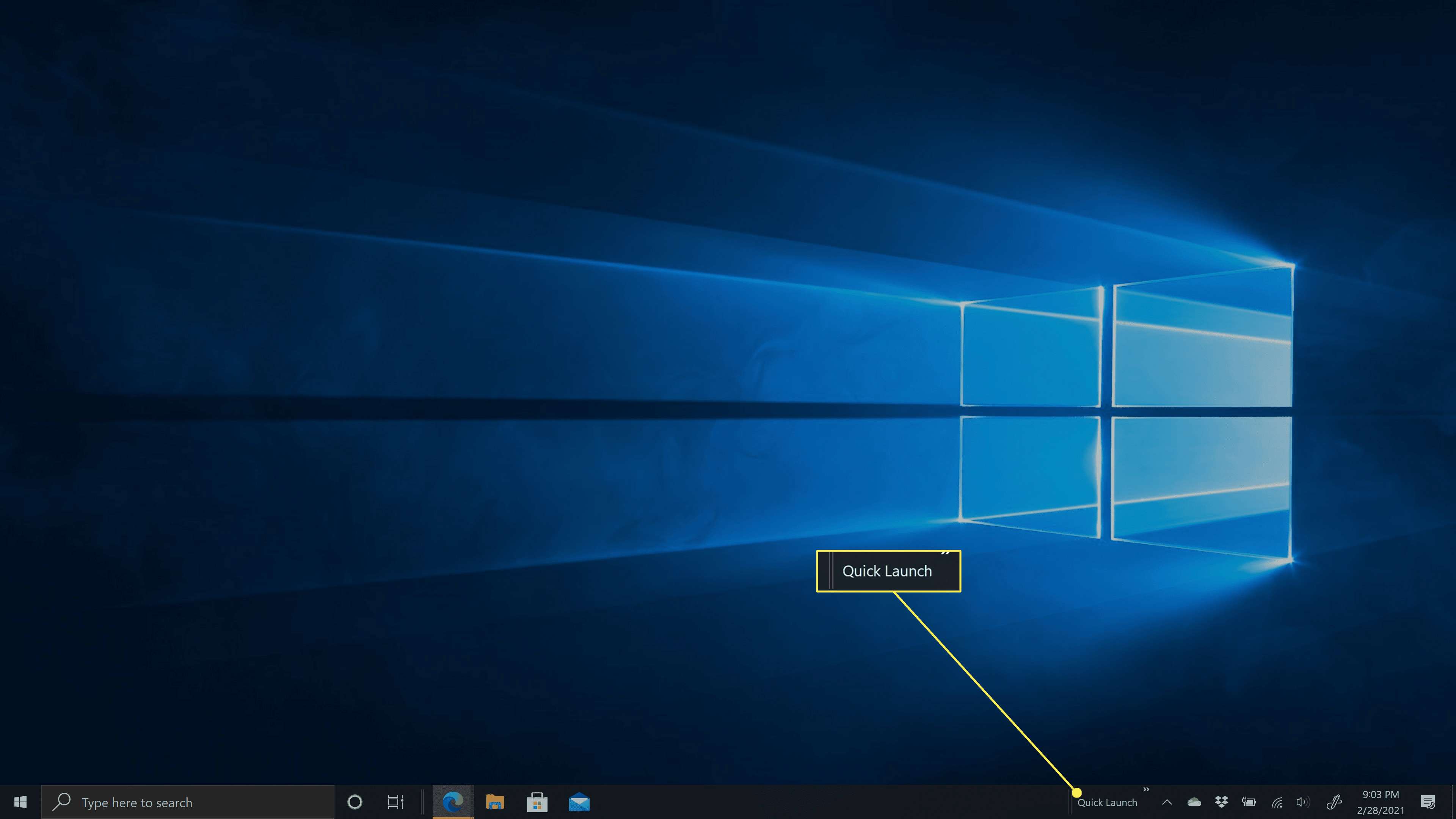A barra de ferramentas Quick Launch no Windows 10 no lado direito