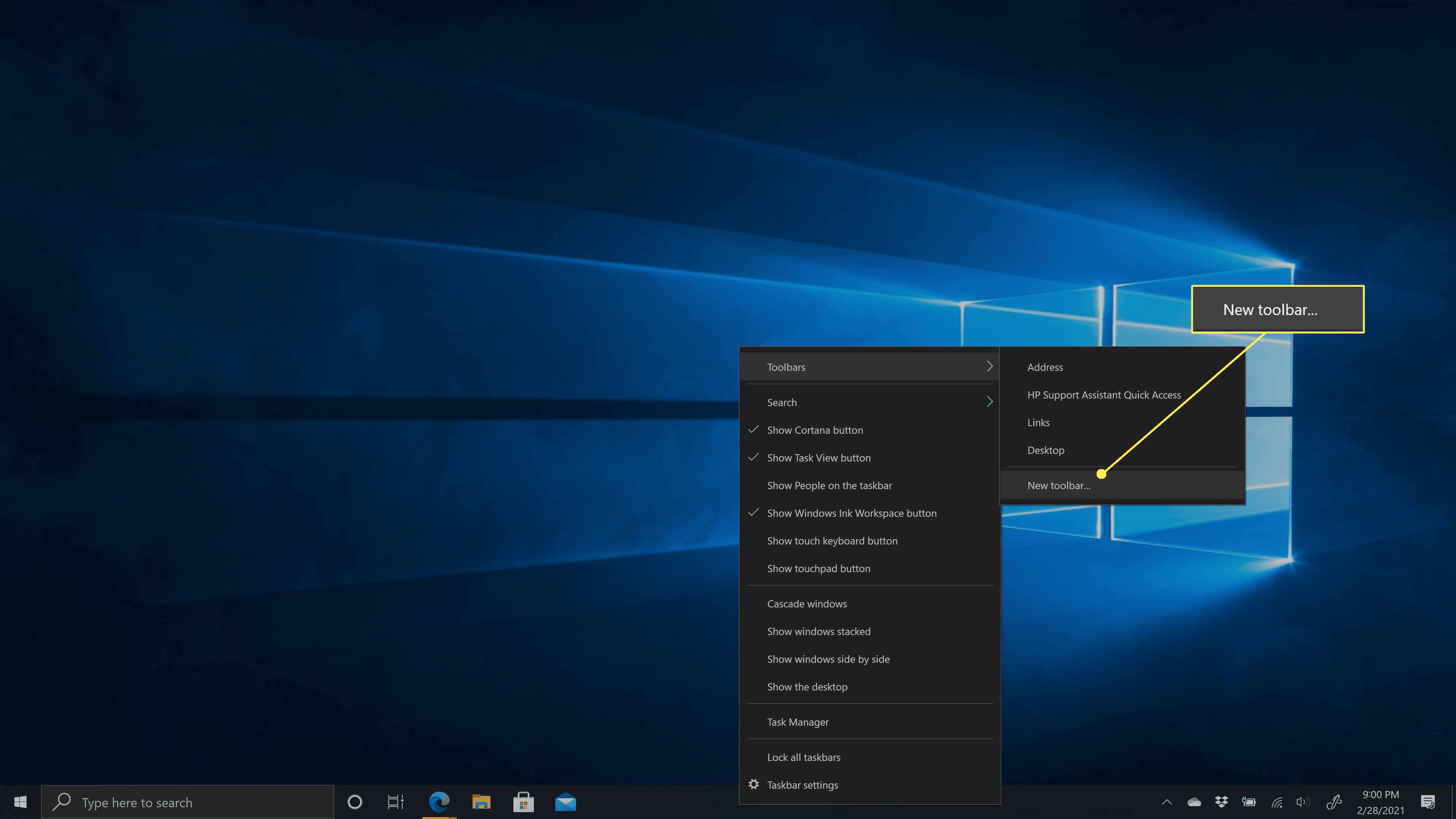 Abrindo o menu Nova barra de ferramentas no Windows 10.