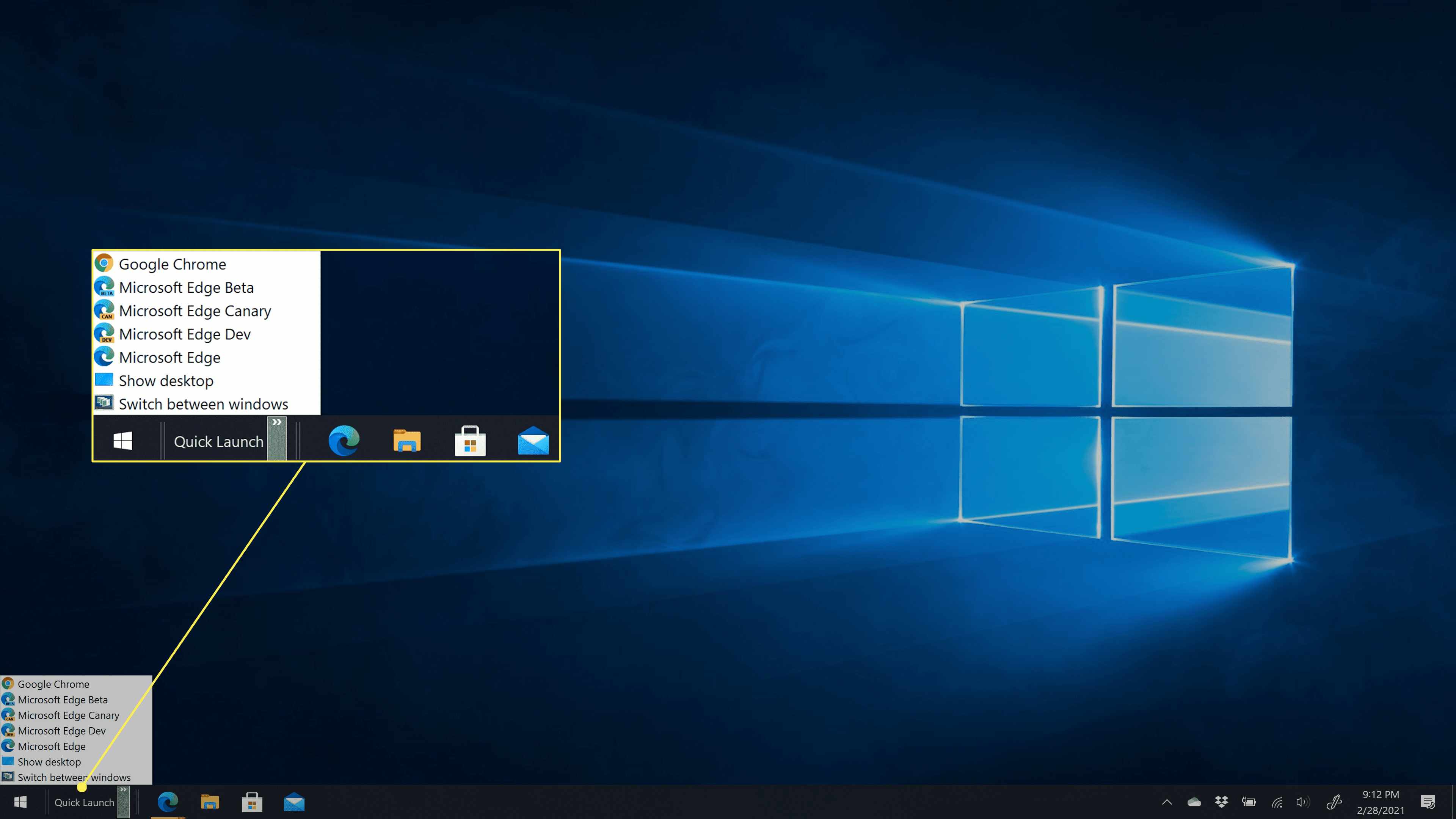 O menu Quick Launch restaurado no Windows 10.