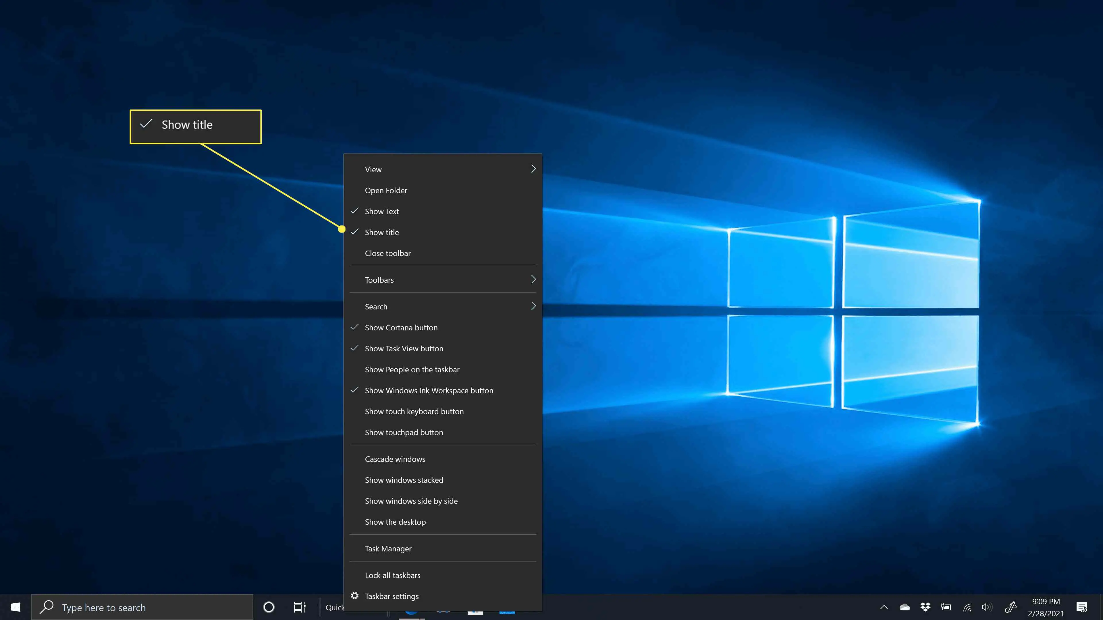 Mostrar título realçado no menu da barra de tarefas do Windows 10.