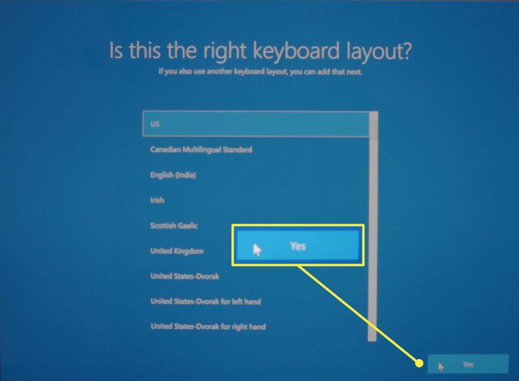 A seleção do layout do teclado de configuração durante a configuração do Microsoft Windows 10.