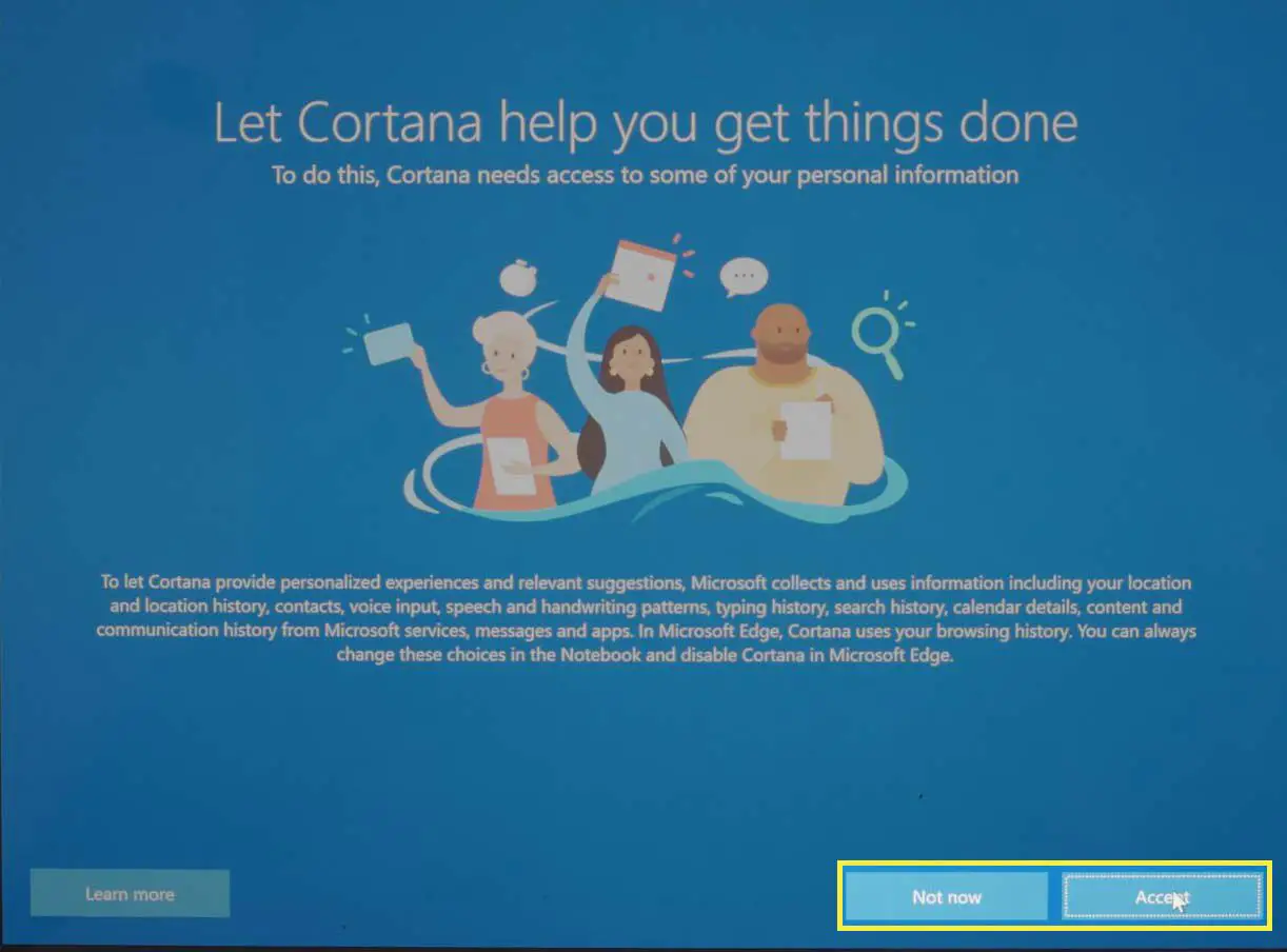 A tela da Cortana durante uma configuração do Microsoft Windows 10.