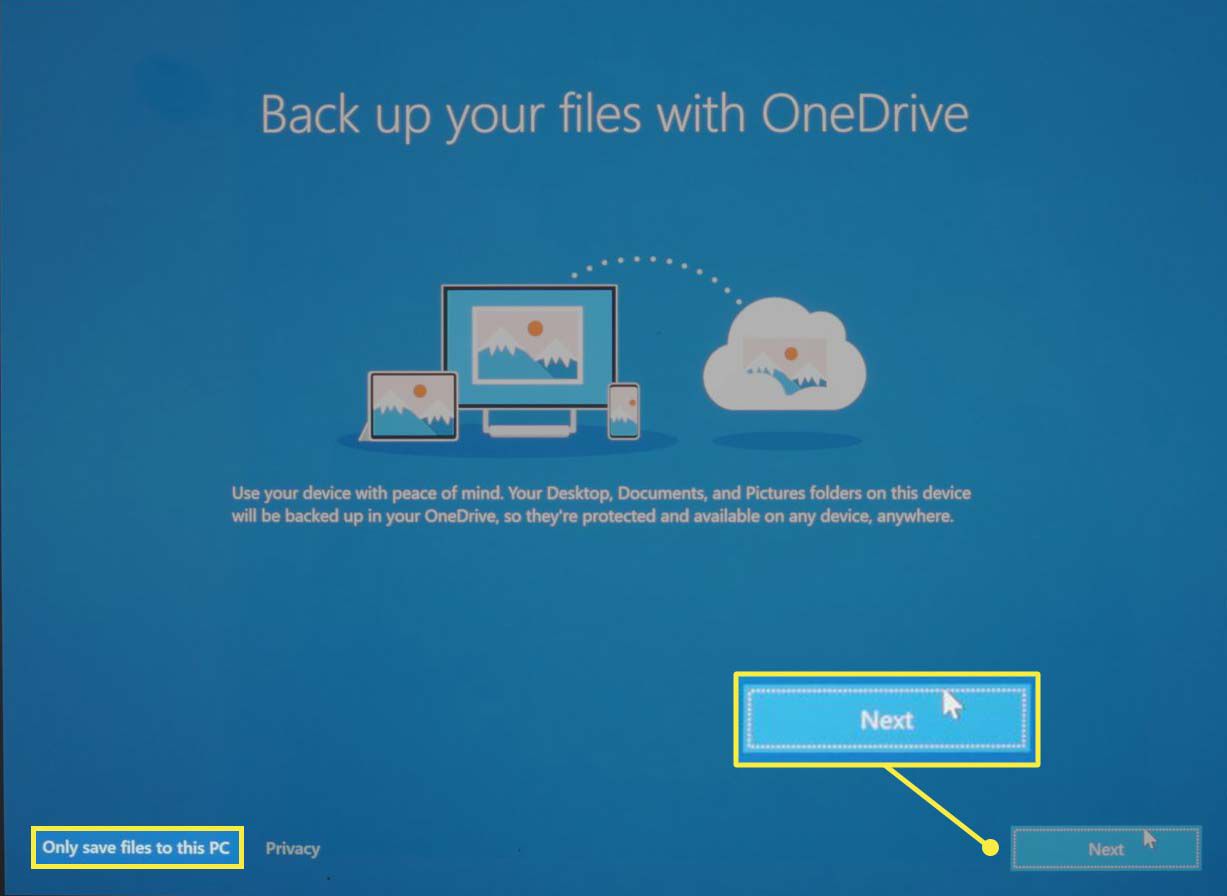 A tela do OneDrive durante uma configuração do Microsoft Windows 10.