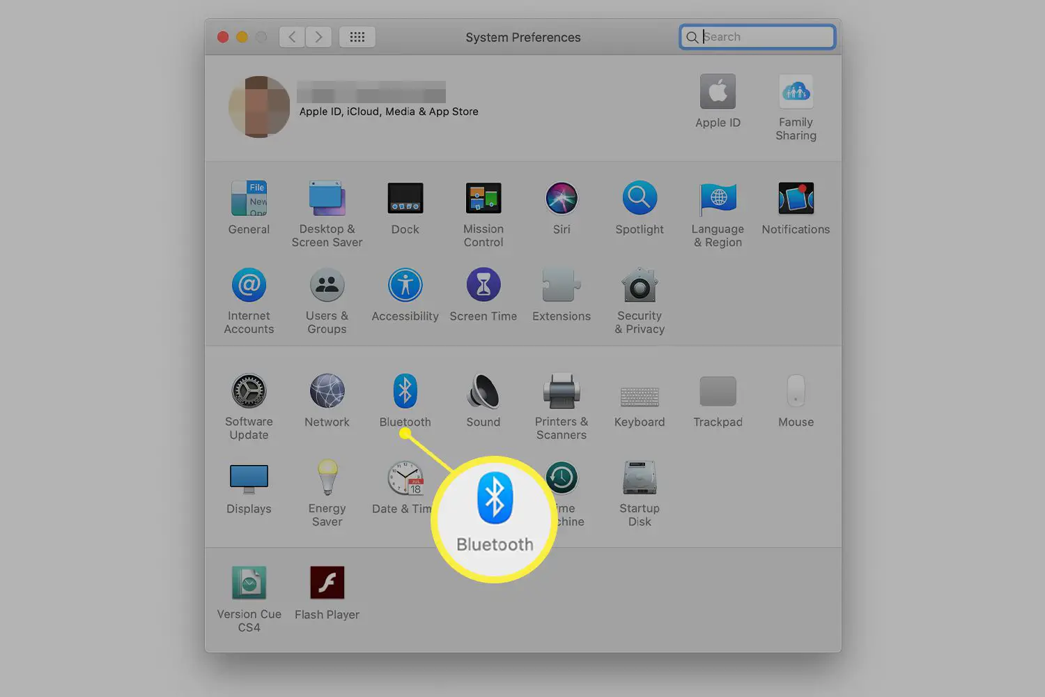 Preferências do sistema mostrando o ícone do Bluetooth