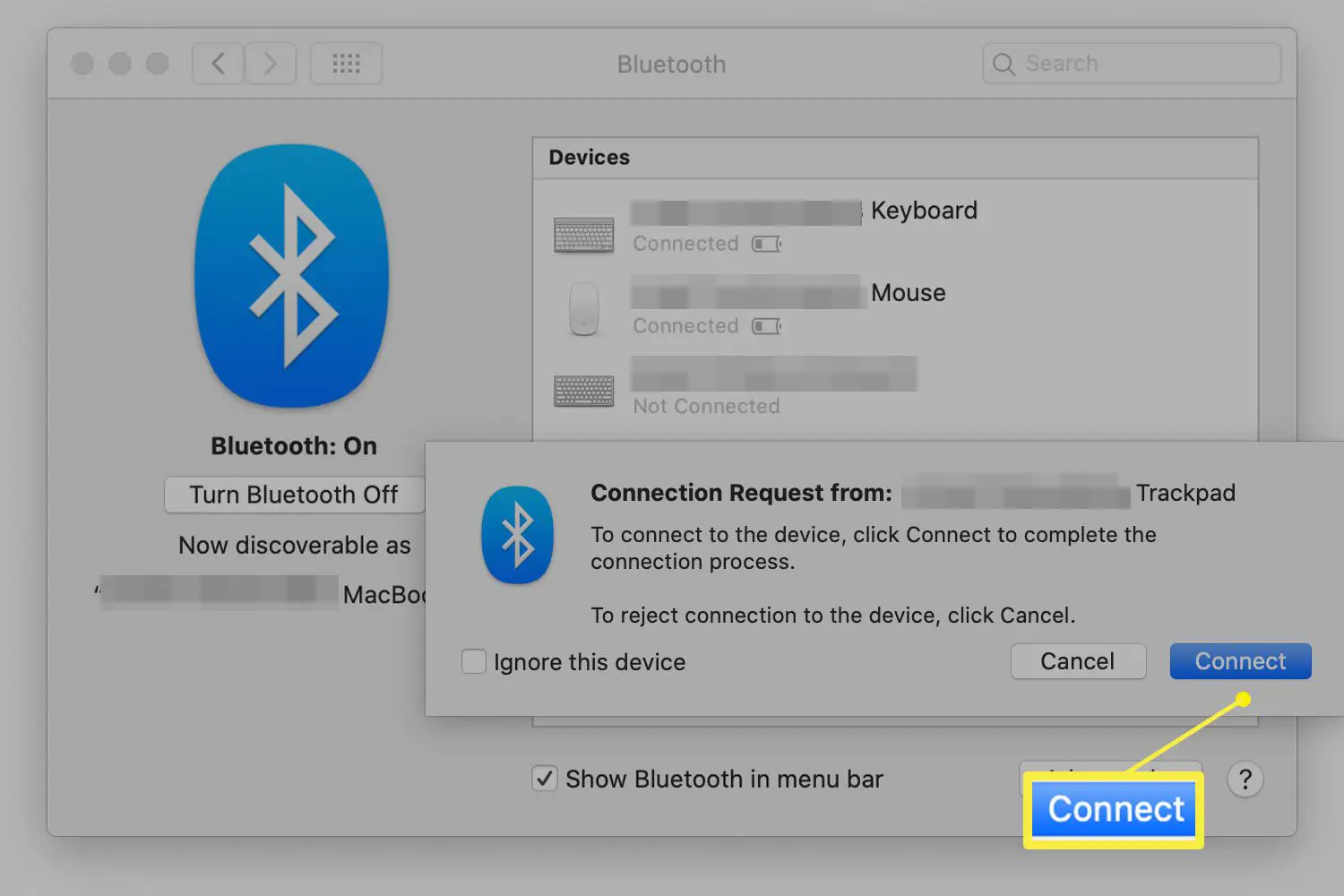 Pedido de conexão Bluetooth