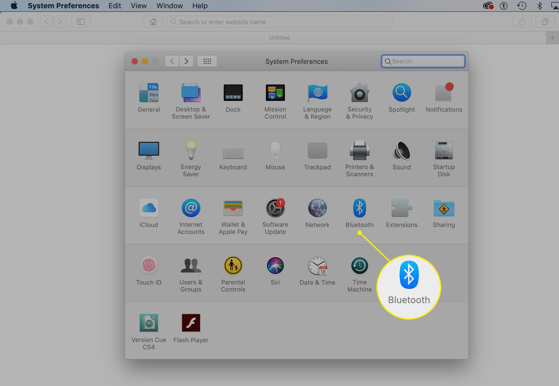 Preferências do sistema Mac com ícone Bluetooth destacado