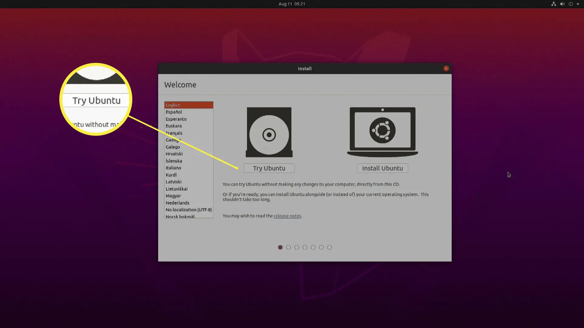 Uma captura de tela da janela de instalação do Ubuntu.