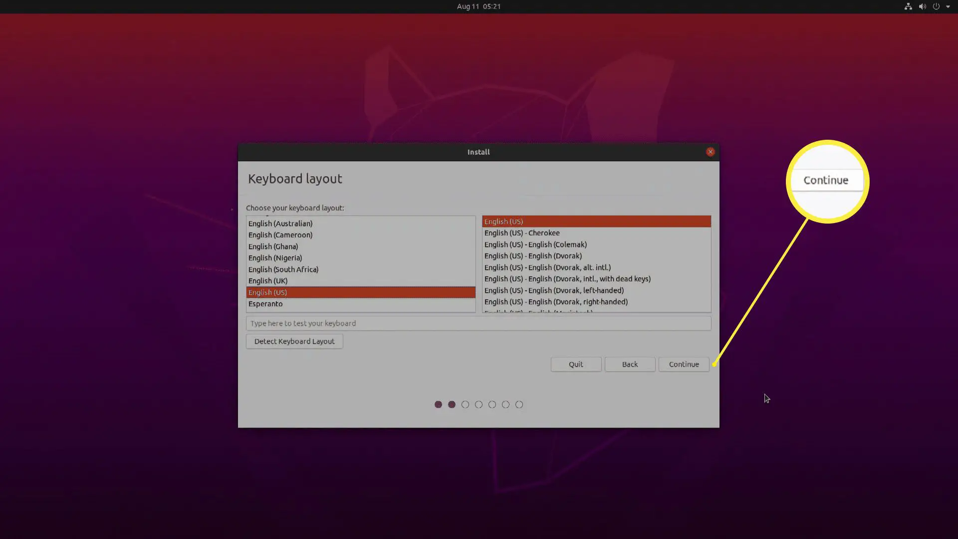Uma captura de tela das opções de layout do teclado no Ubuntu.