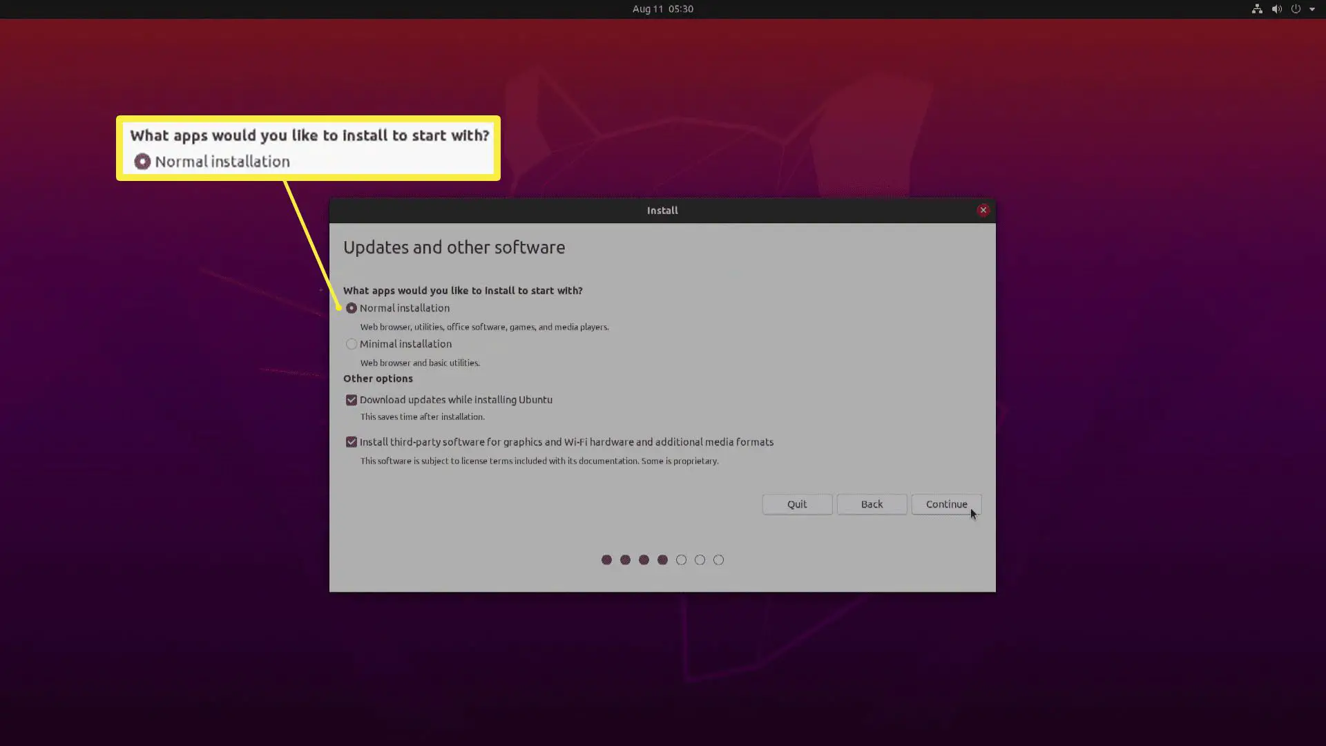 Uma captura de tela das opções de instalação do Ubuntu.