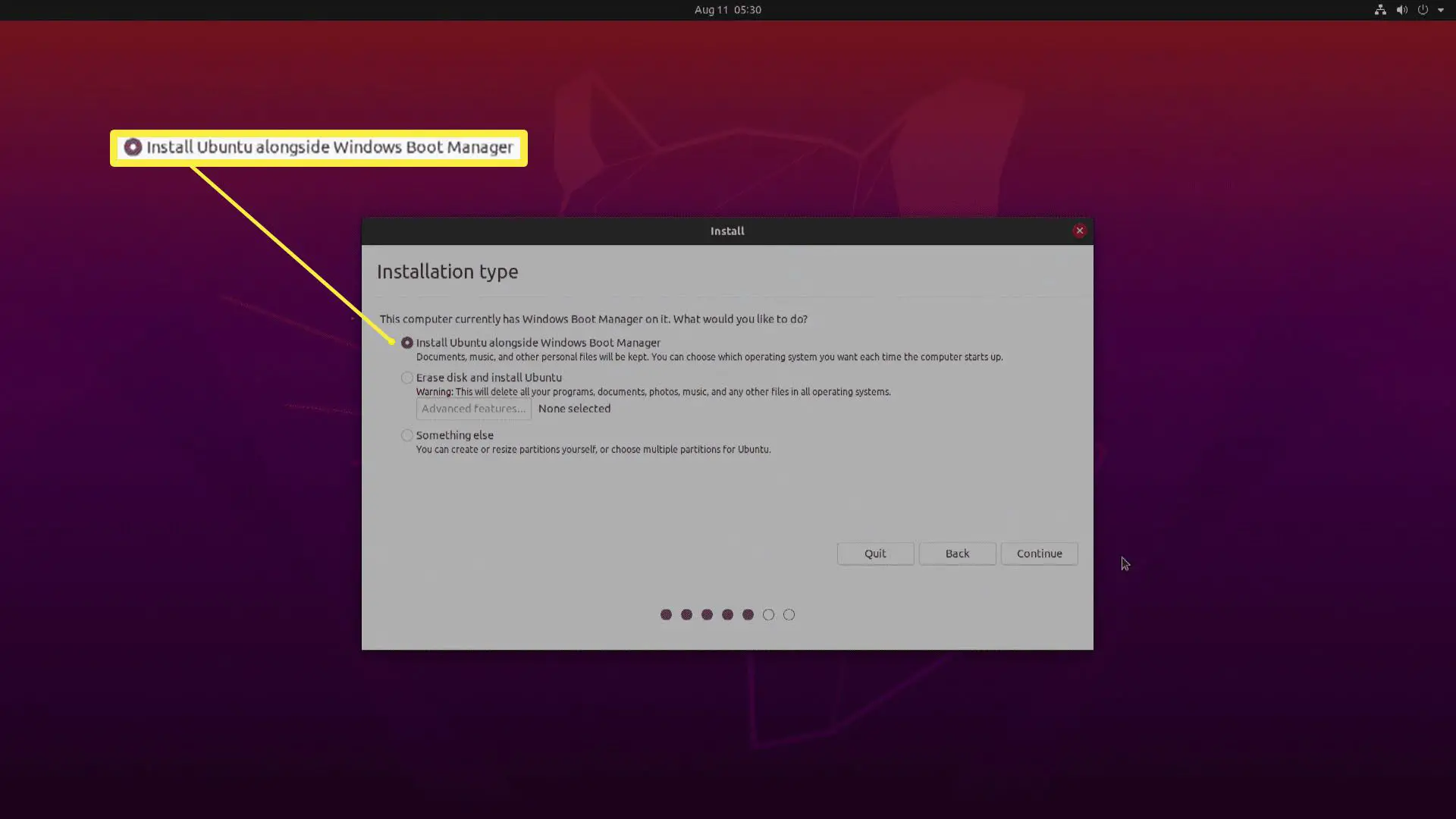Uma captura de tela dos tipos de instalação do Ubuntu.