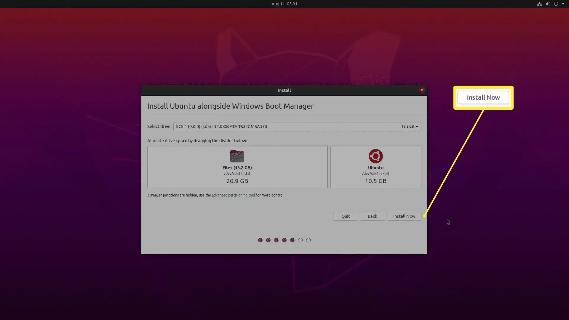 Uma captura de tela da alocação de espaço em disco do Ubuntu.