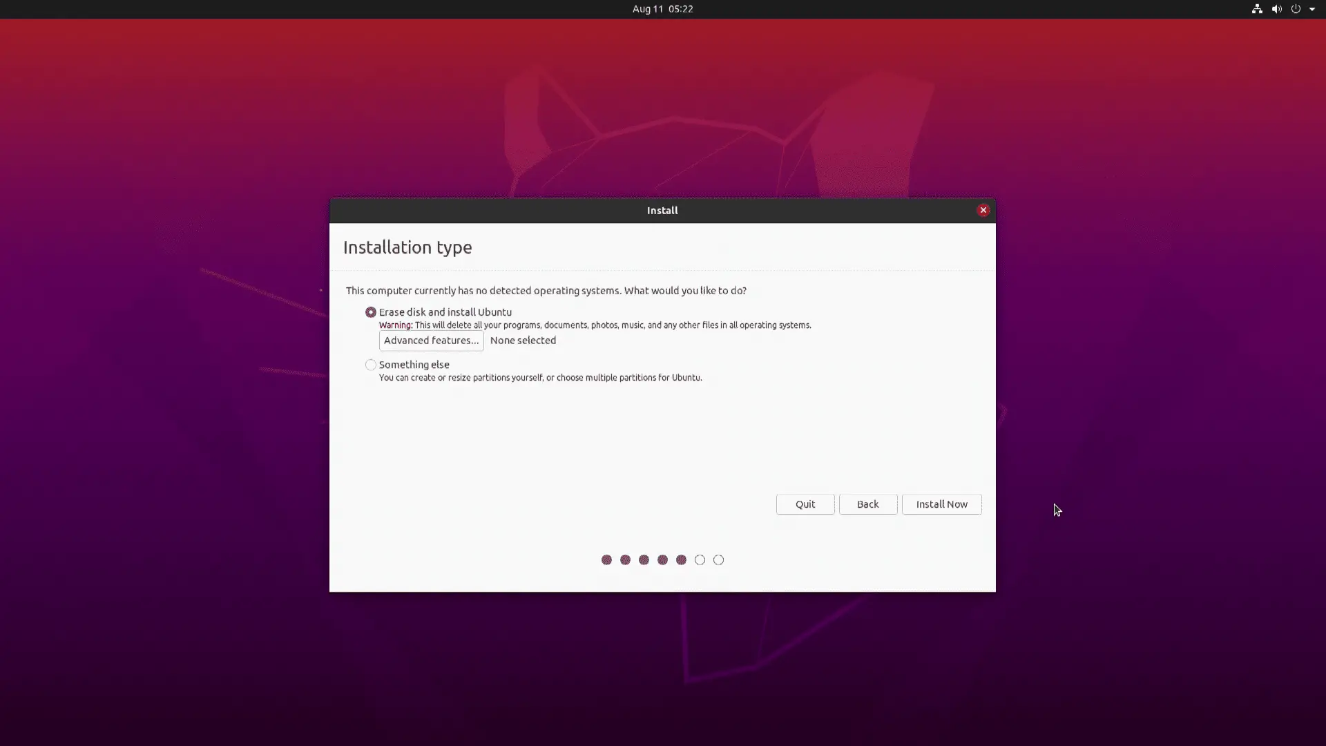 Uma captura de tela da instalação do Ubuntu sem Windows.