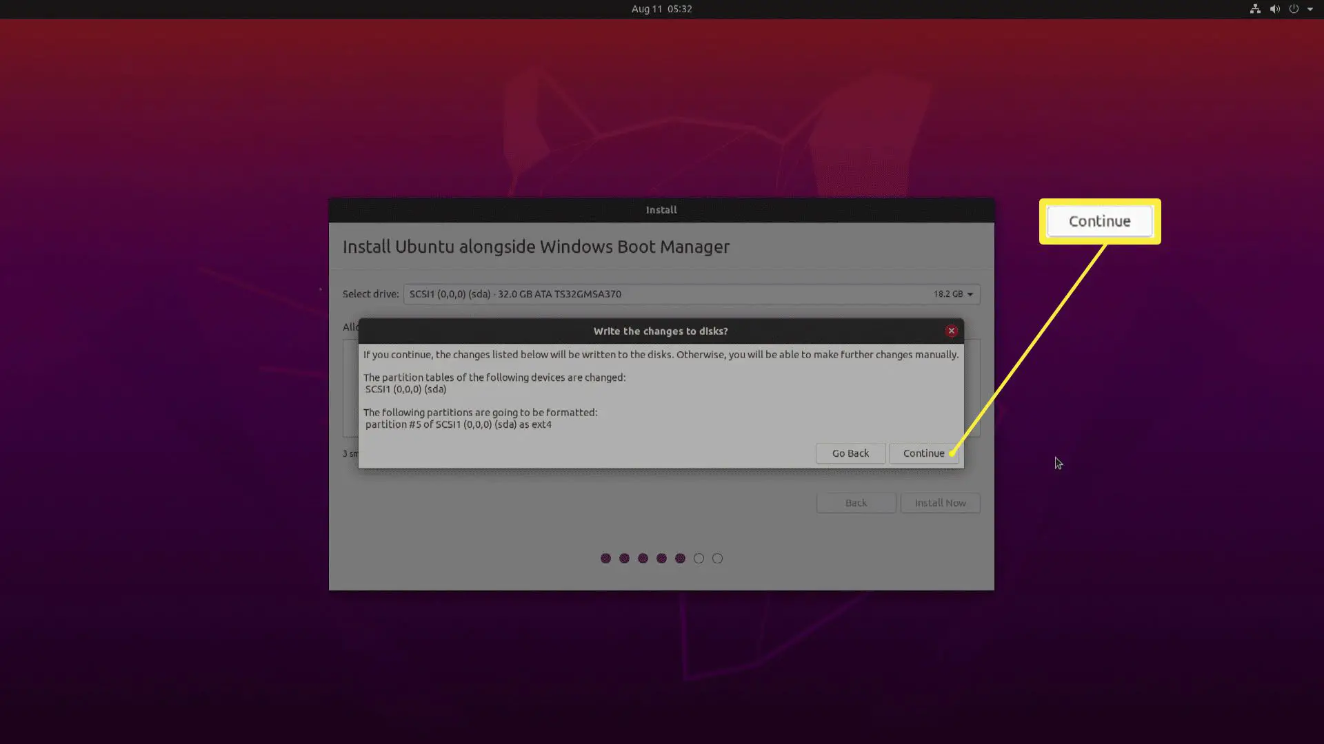 Uma captura de tela da instalação do Ubuntu.