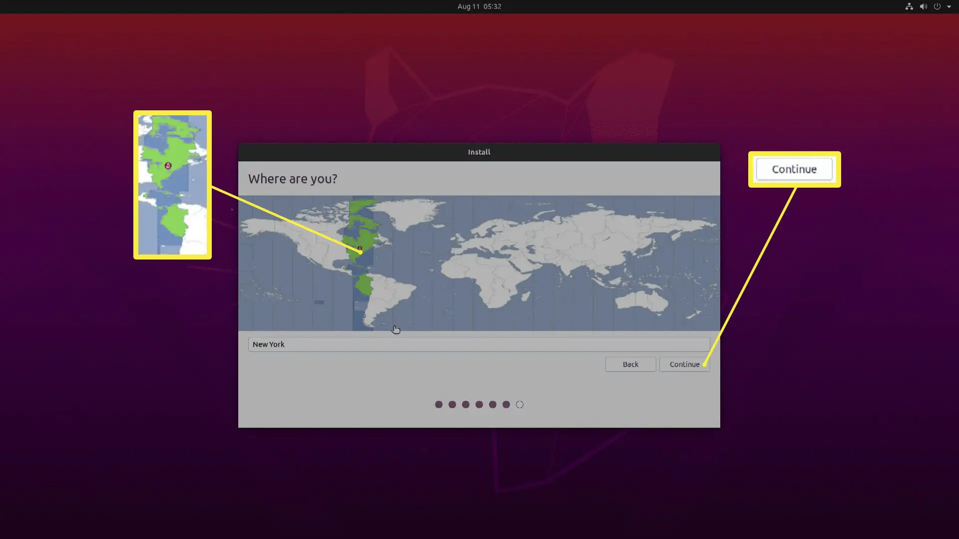 Uma captura de tela da seleção de um fuso horário no Ubuntu.
