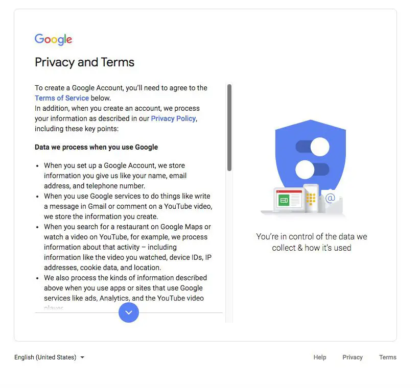 Privacidade e Termos do Google, parte da criação da Conta do Google
