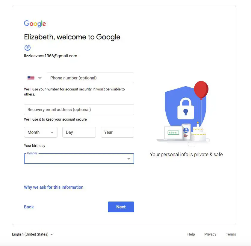 Inscrição na Conta do Google, com aniversário e sexo