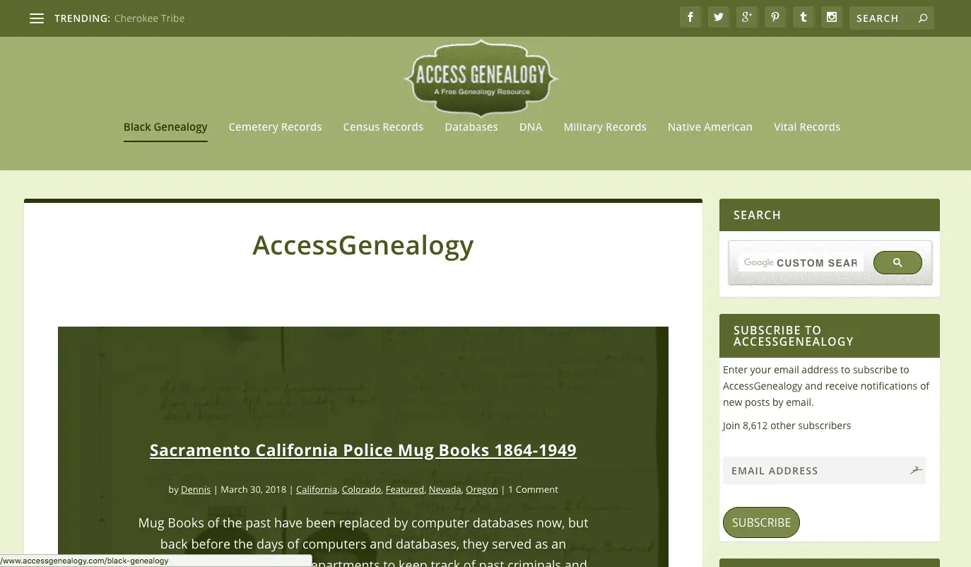 Captura de tela da página inicial do Access Genealogy