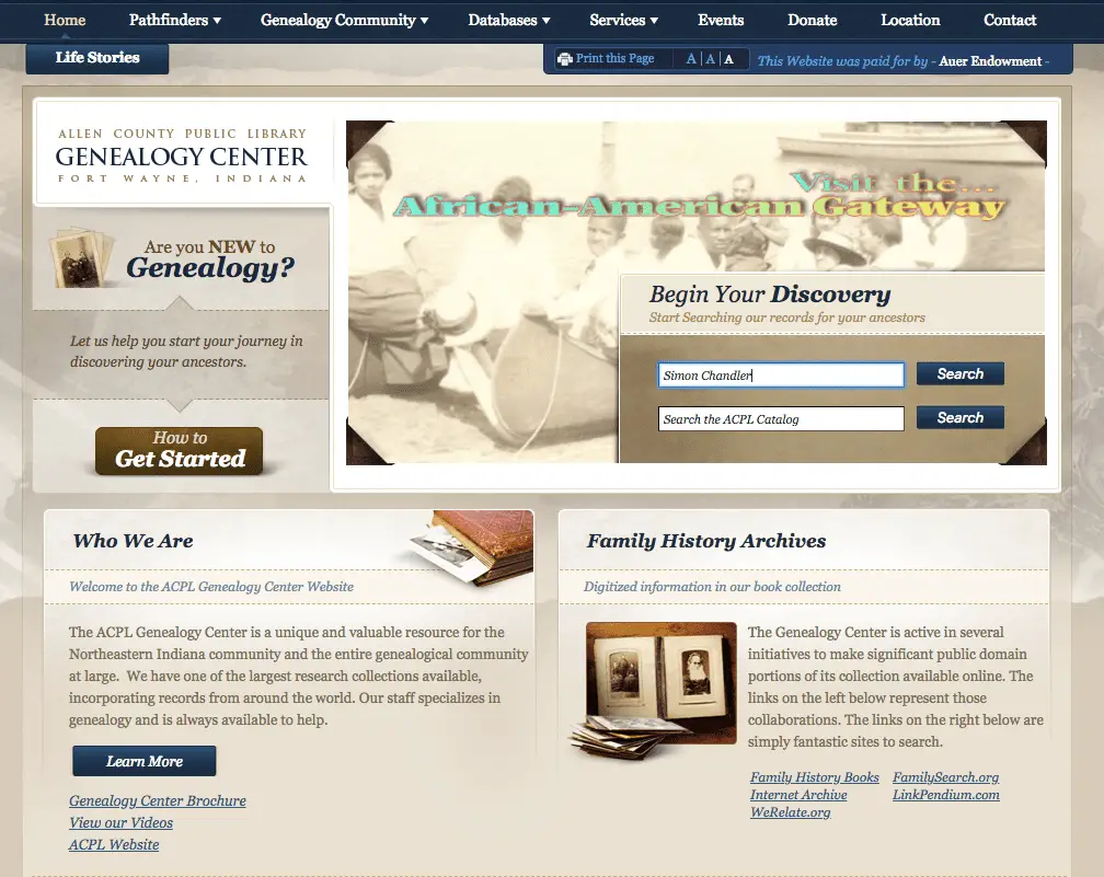 Captura de tela da página inicial do Centro de Genealogia da Biblioteca Pública de Allen County