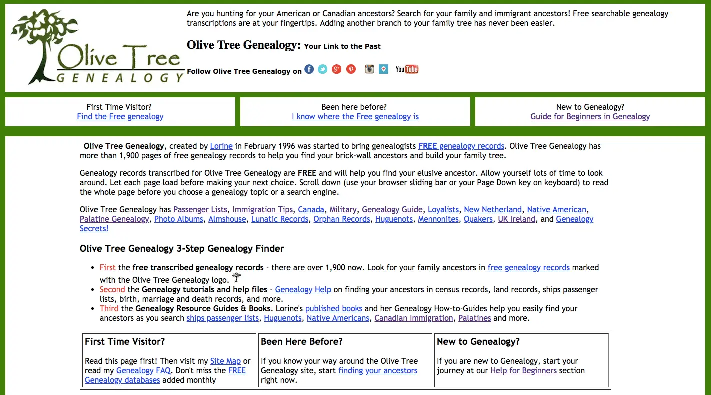 Captura de tela da página inicial do Olive Tree Genealogy