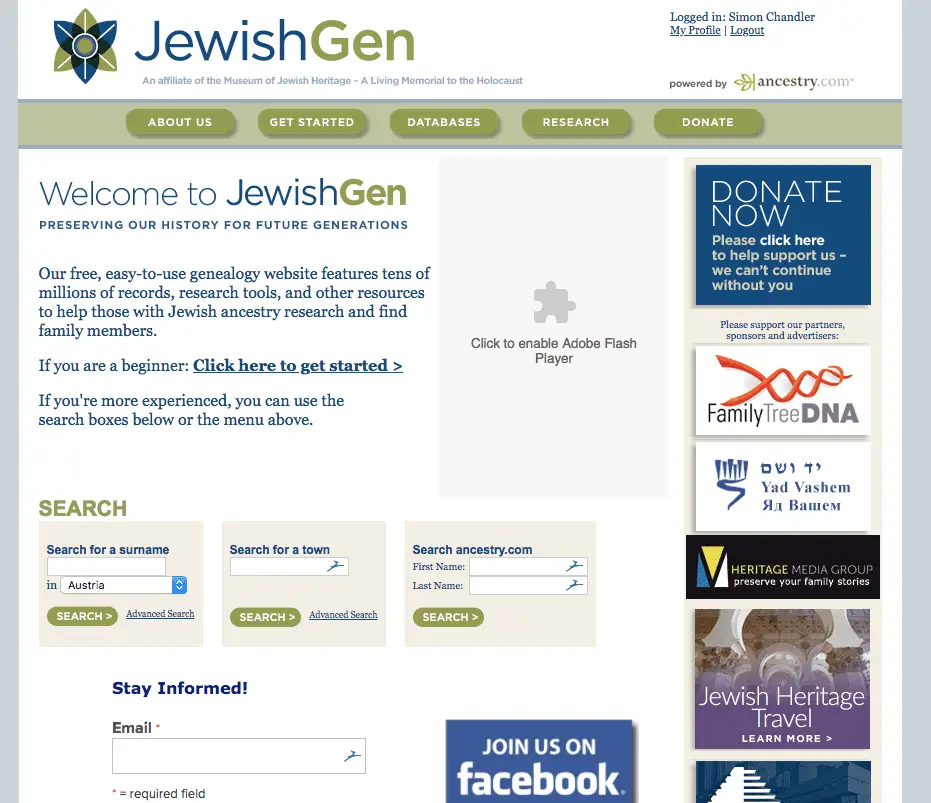Captura de tela da página inicial do JewishGen