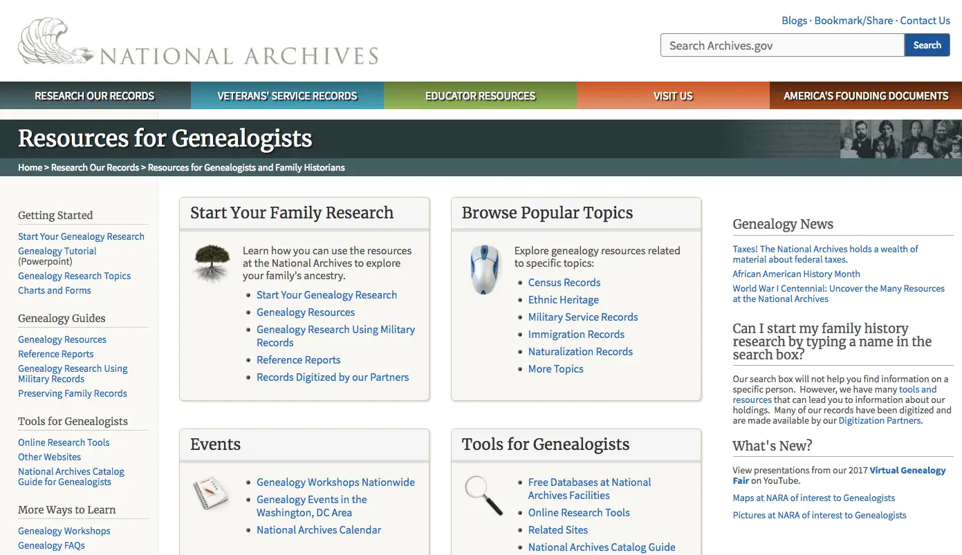 Captura de tela da página inicial da National Archives and Records Administration
