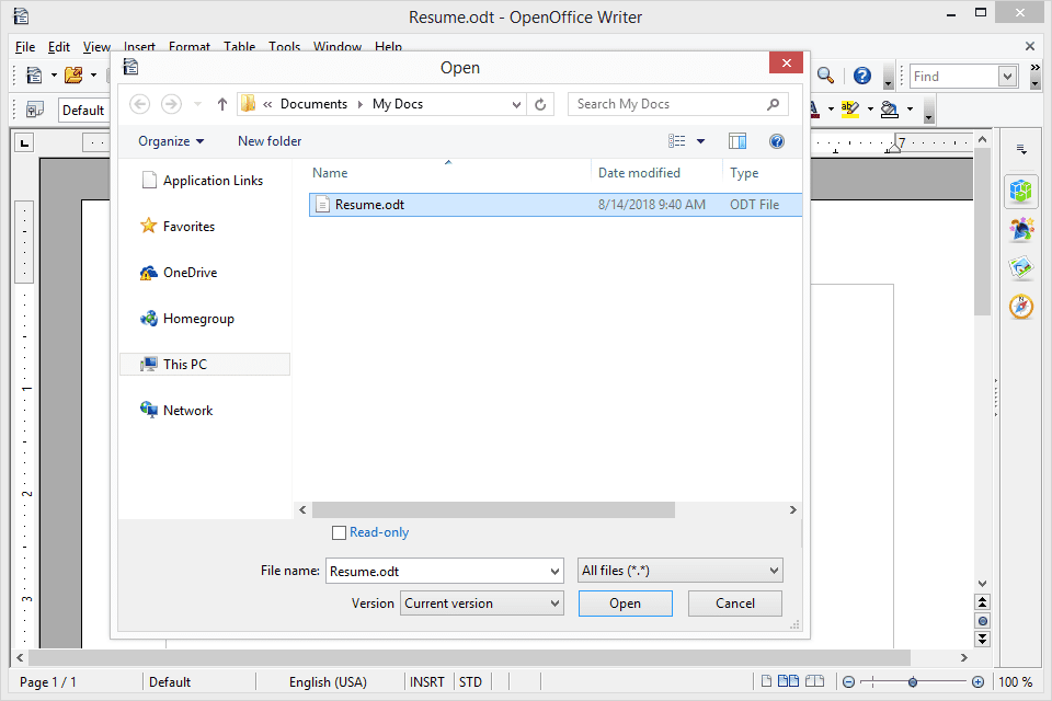 Captura de tela mostrando como abrir um arquivo ODT com o OpenOffice Writer