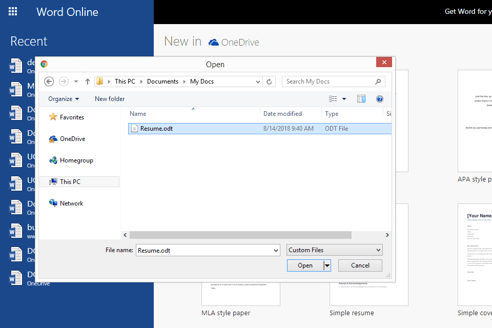 Captura de tela mostrando como usar o Word Online para abrir um arquivo ODT