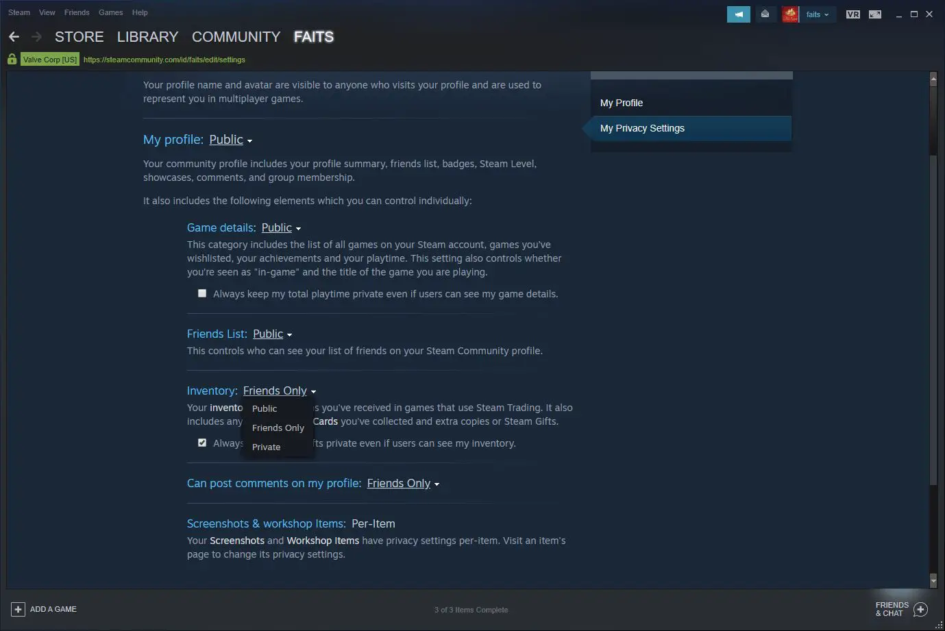 Uma captura de tela das opções de configurações de privacidade do Steam.