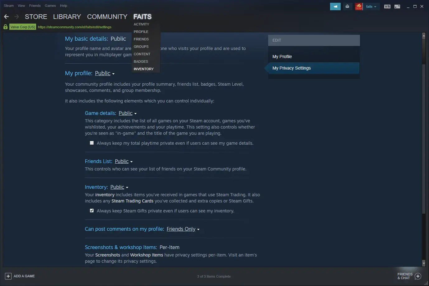 Uma captura de tela das configurações de privacidade do Steam.