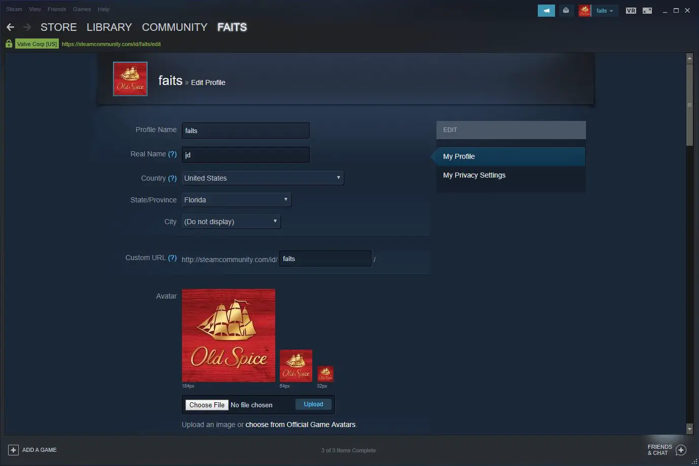 Uma captura de tela da interface do perfil de usuário do Steam.