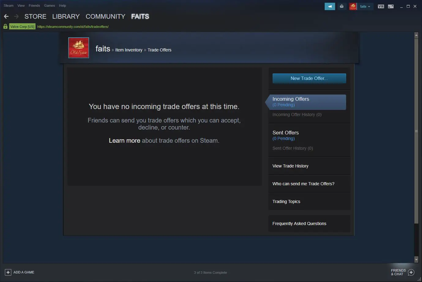 Uma captura de tela das ofertas de troca recebidas do Steam.
