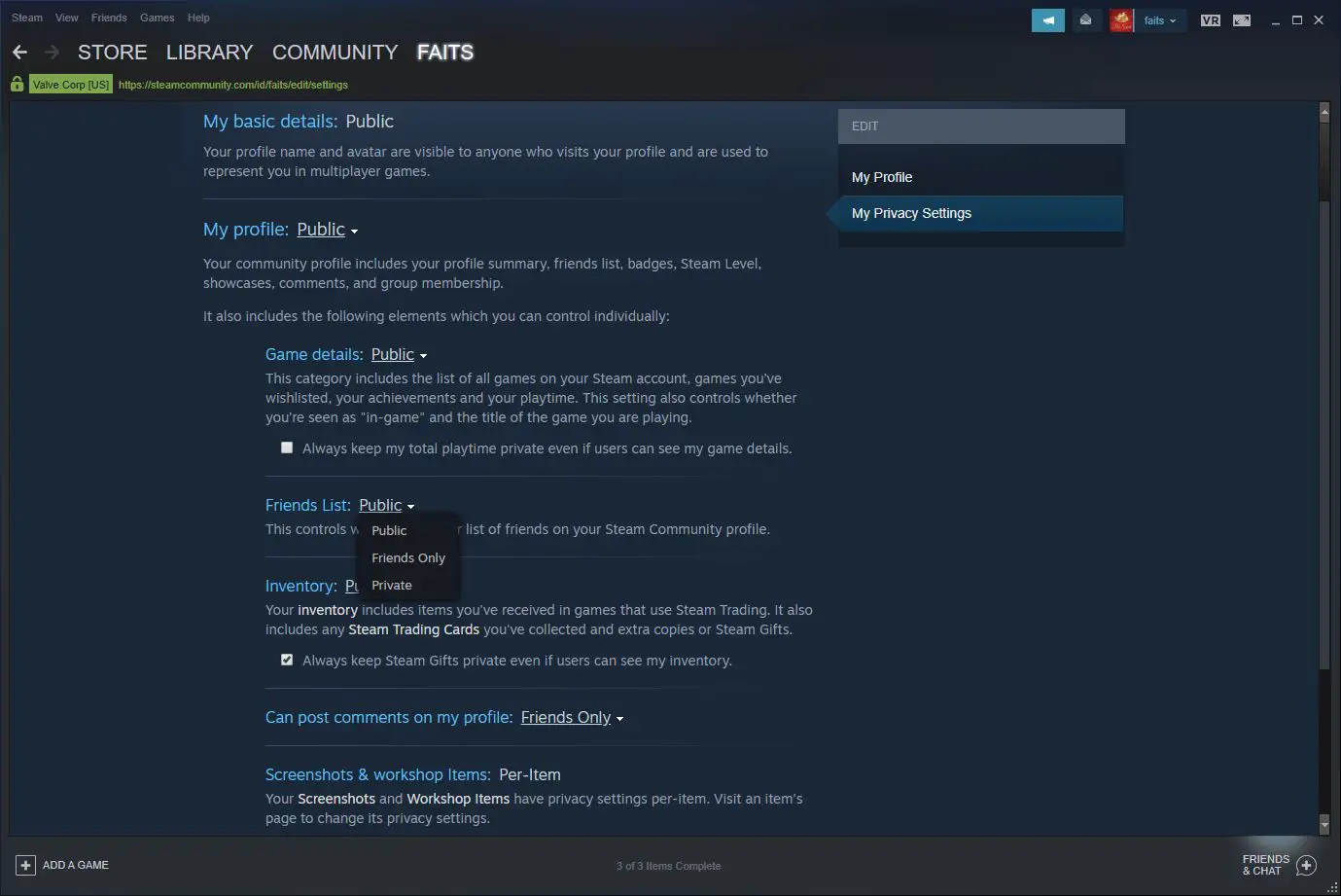 Uma captura de tela das opções de privacidade do Steam.