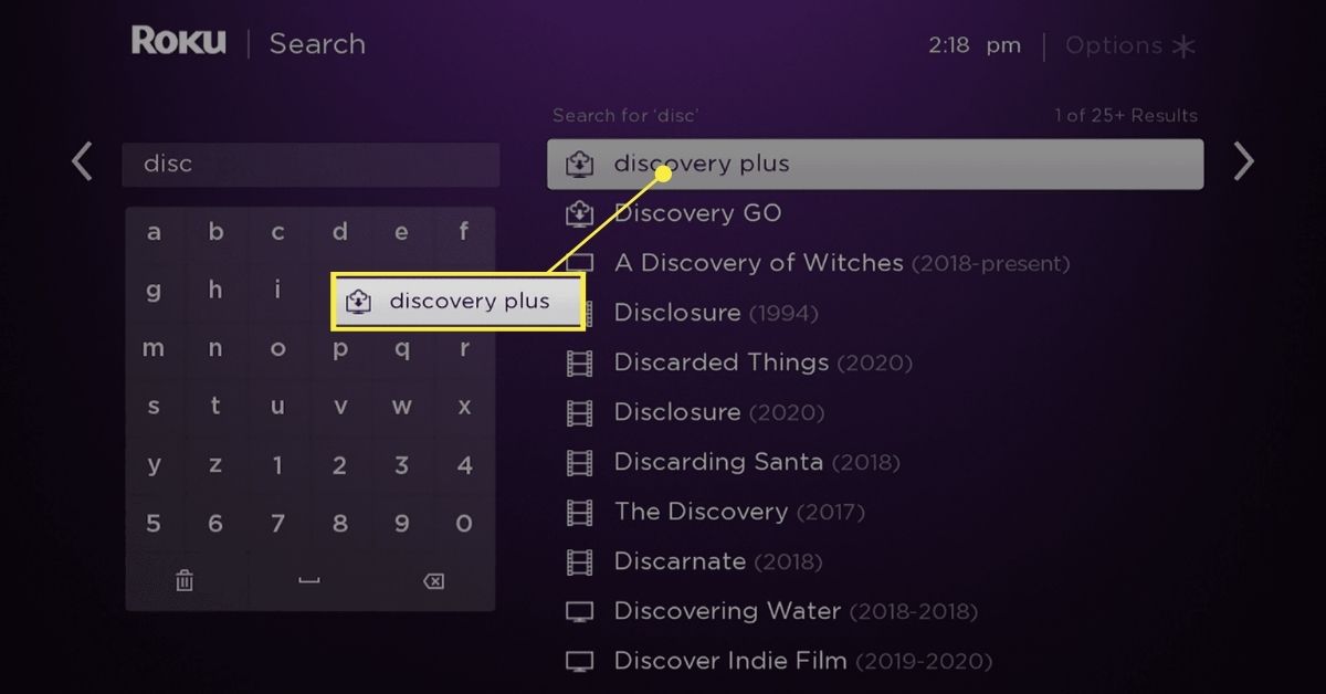 Discovery Plus nos resultados de pesquisa do Roku