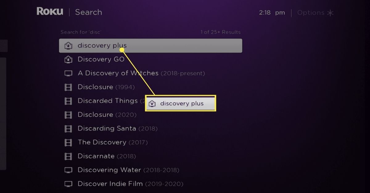 Discovery Plus destacado nos resultados de pesquisa do Roku.