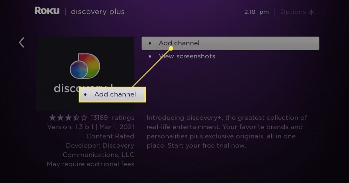 Botão Adicionar canal no Roku para Discovery Plus