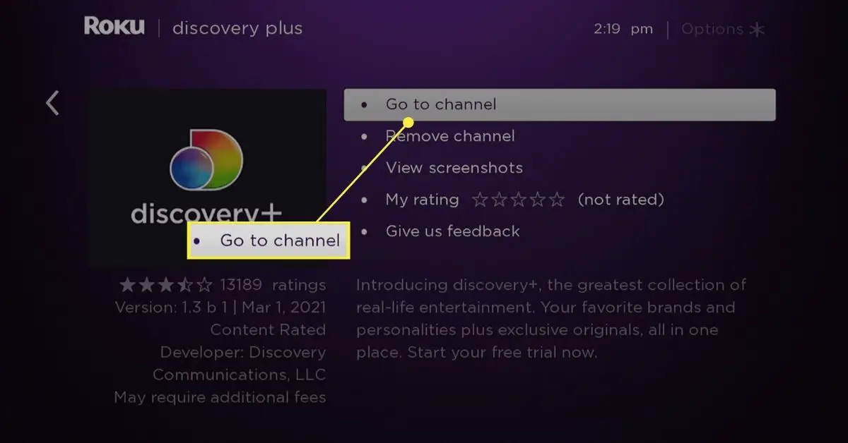 Vá para o canal selecionado na página Discovery + em Roku.