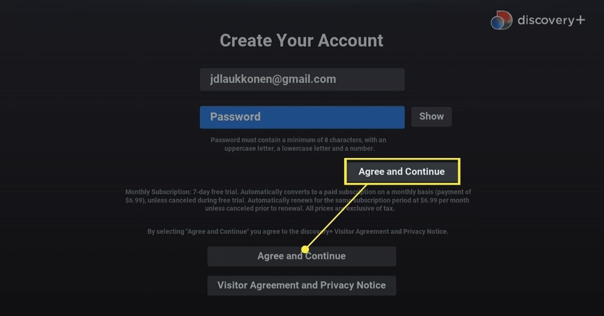 Botão Concordar e continuar no Discovery + criação de conta no Roku.