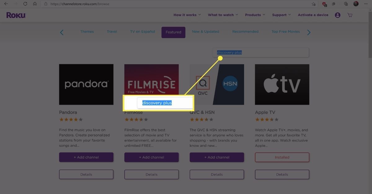 Procurando descoberta plus na loja do canal Roku.