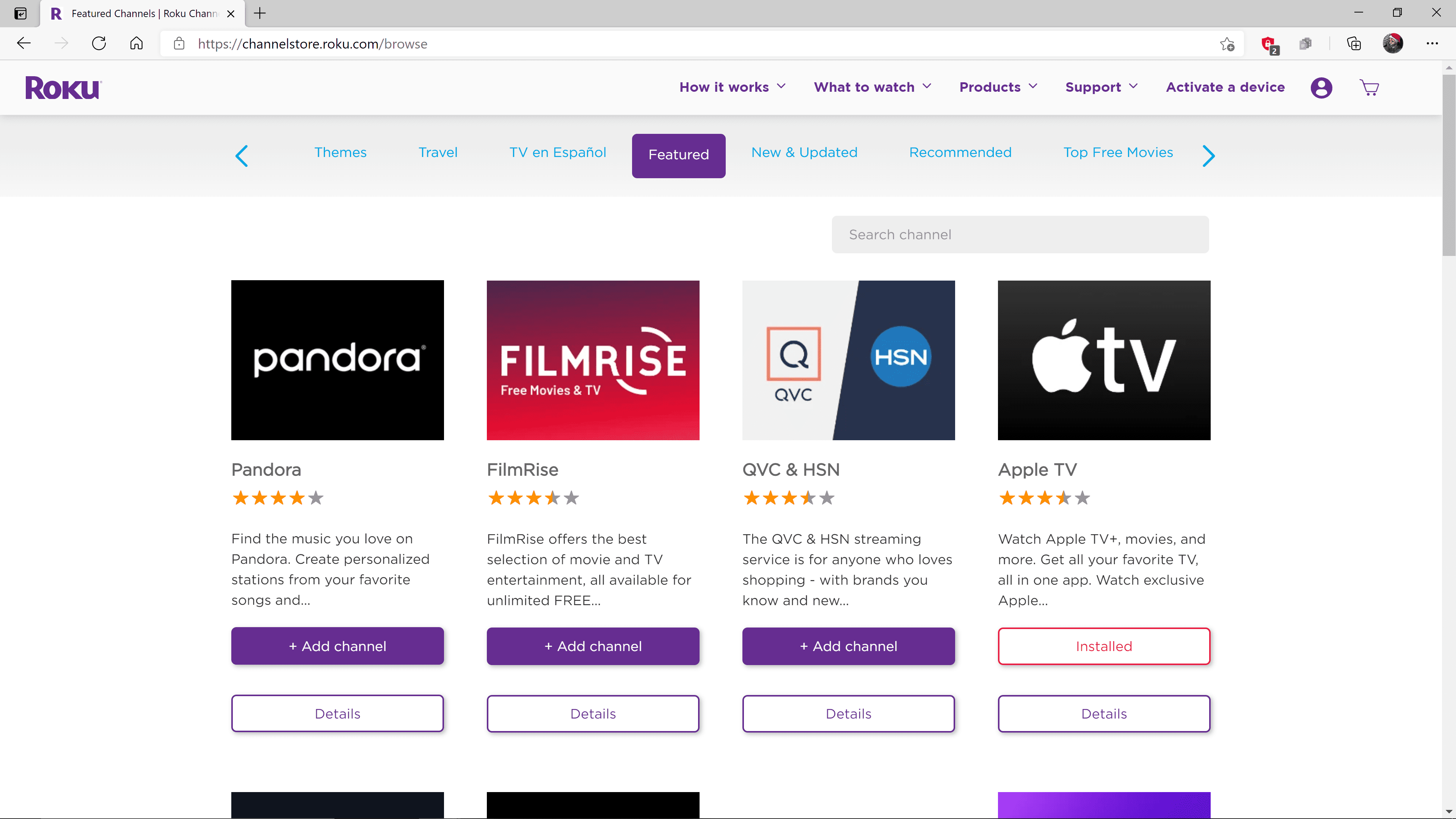 O site da Roku Channel Store com canal de pesquisa em destaque.