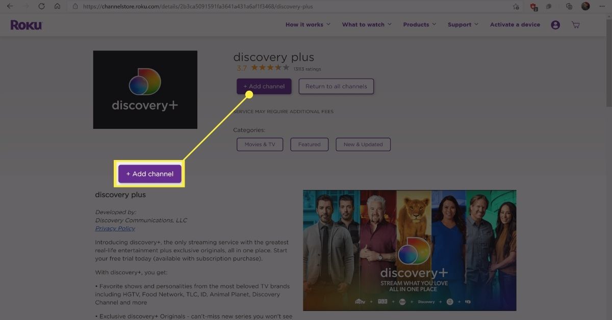 Adicionar botão de canal na página Discovery Plus na loja Roku Channel.