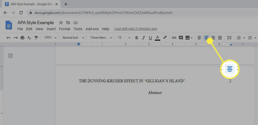 A opção Center Align na barra de ferramentas do Google Doc.