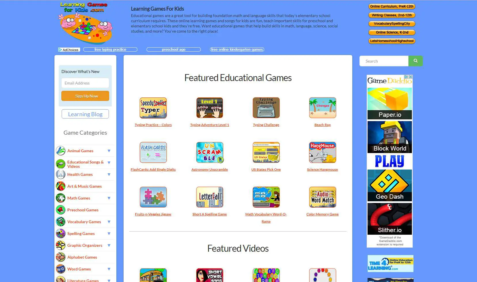 Jogos educacionais no site Learning Games for Kids