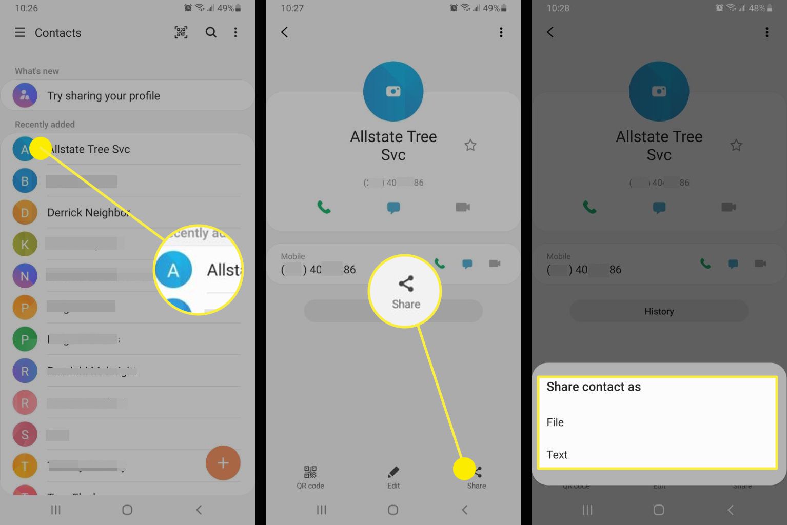 Capturas de tela de compartilhamento de um contato Android no WhatsApp.