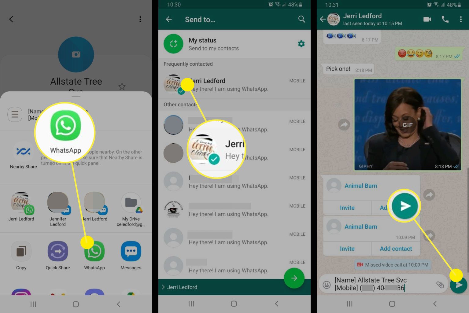 Capturas de tela do envio de um contato do Android no WhatsApp.