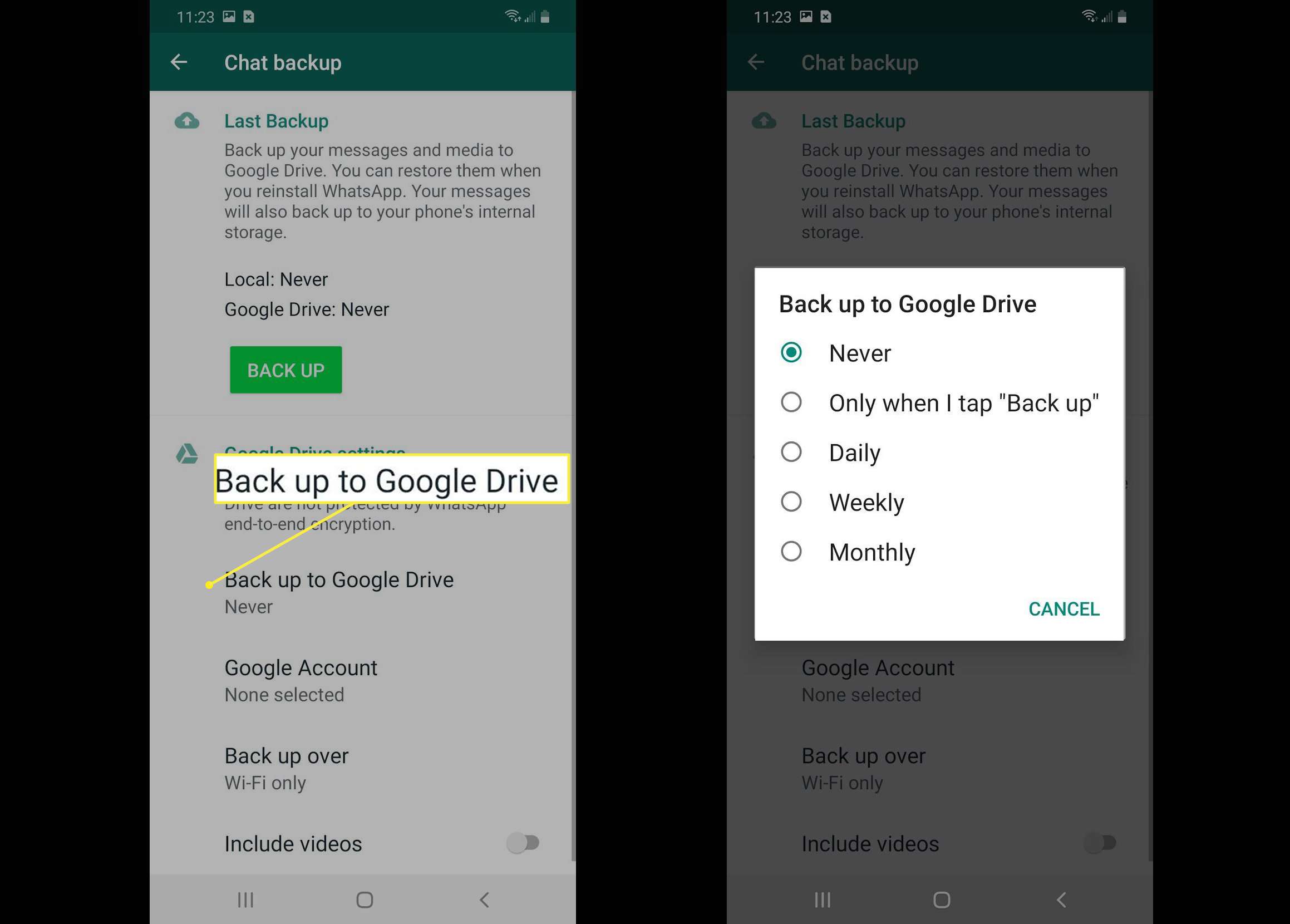 Backup para as opções do Google Drive