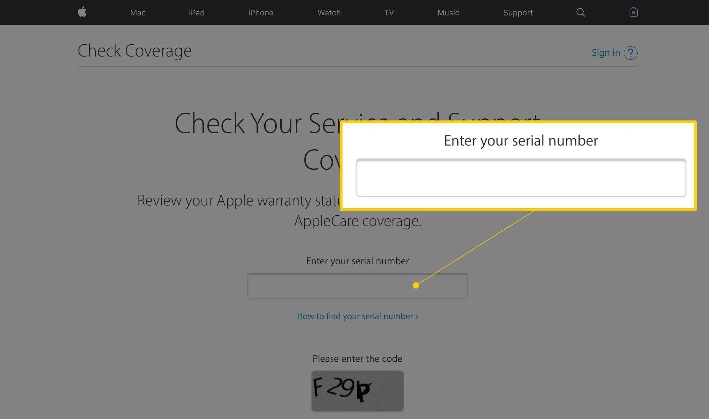 Site do verificador de garantia da Apple