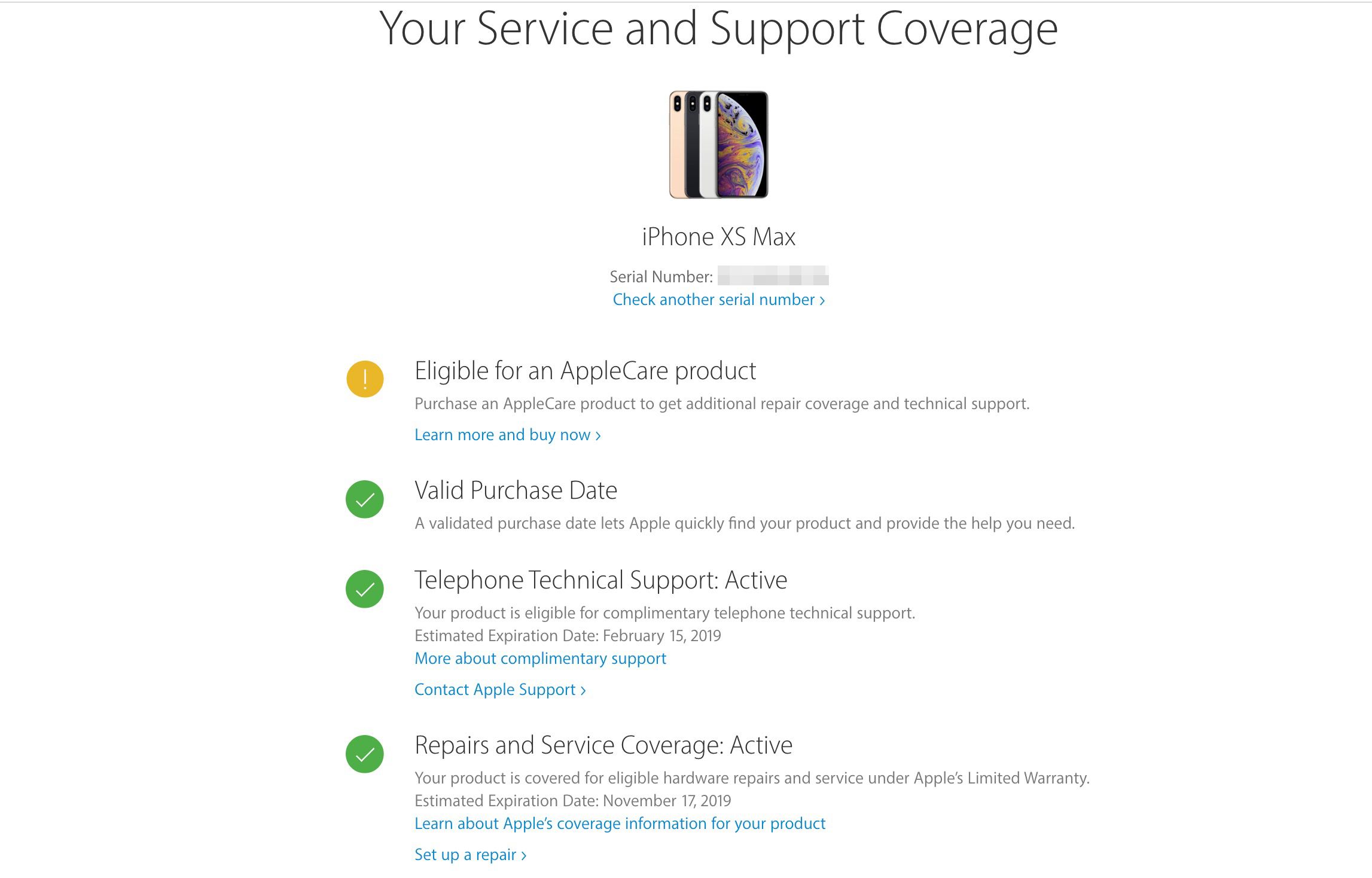 Página de resumo de cobertura de serviço e suporte no site da Apple