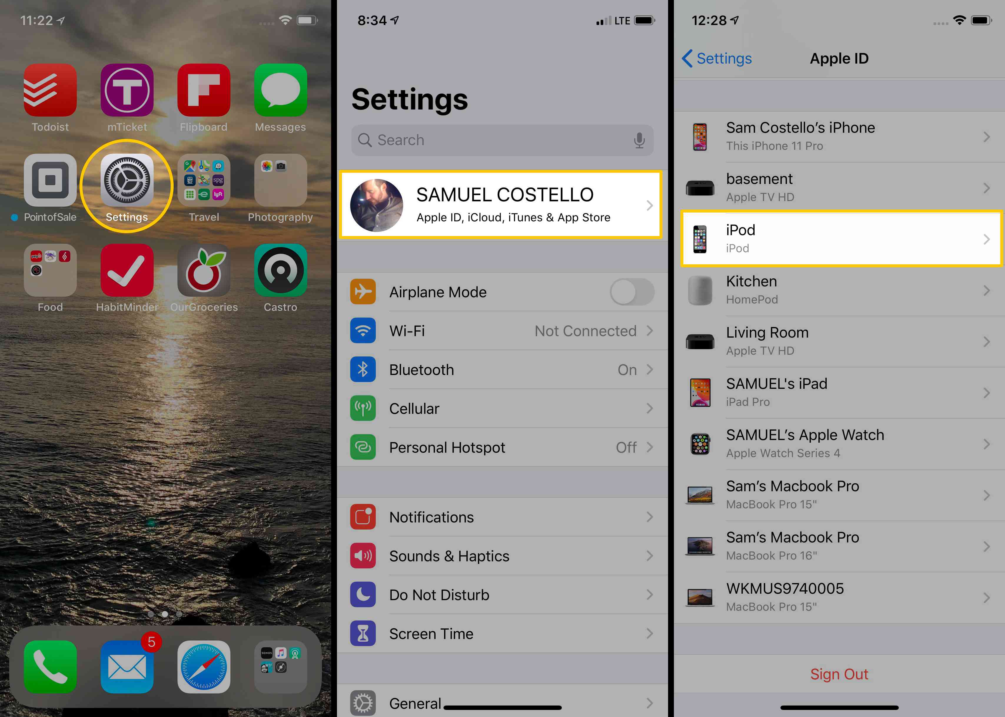 Capturas de tela mostrando como selecionar um dispositivo para remover no iOS.