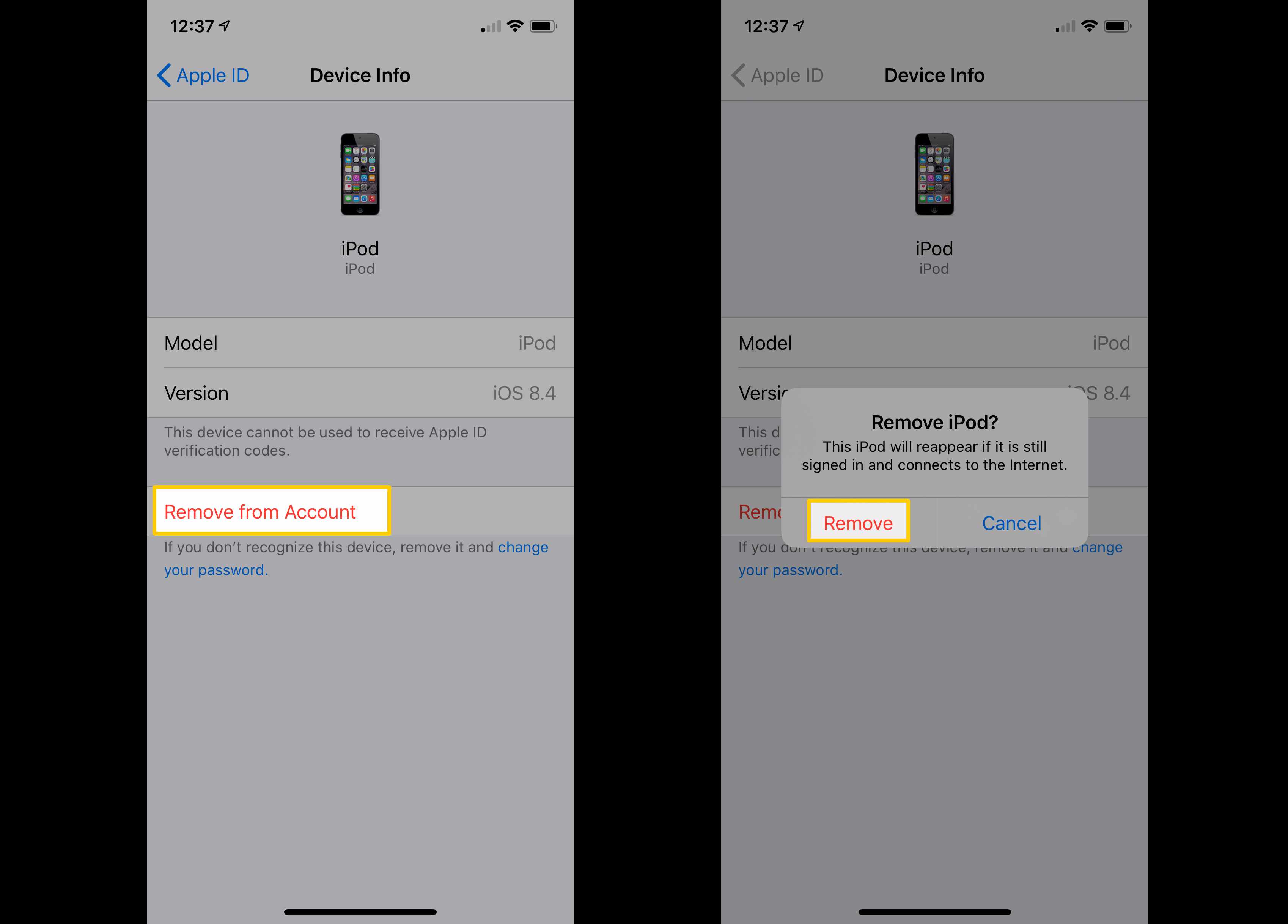 Capturas de tela mostrando como remover um dispositivo do iOS.