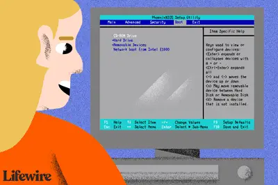 Ilustração de uma pessoa usando o BIOS para alterar a ordem de inicialização em um computador